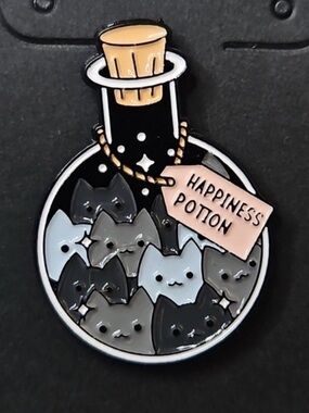 Happiness Potion Cat Enamel Pin - Black, Gray, Cream